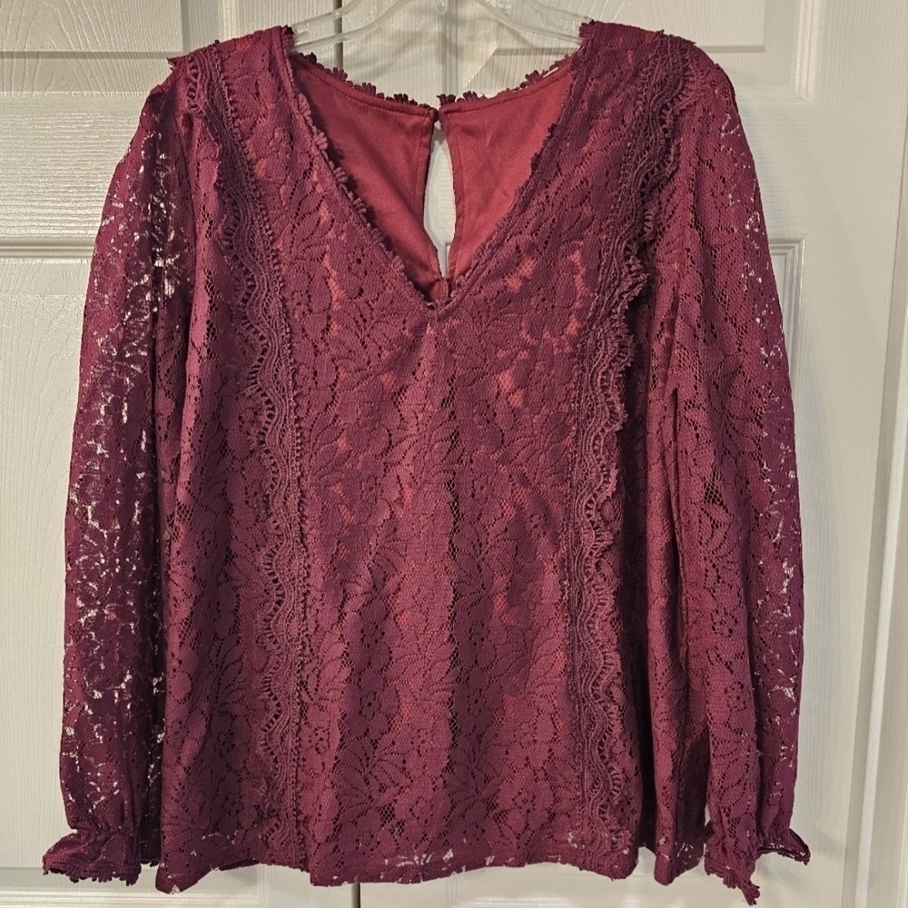 New Lacey Long Sleeved V-Neck Lined Cottagecore Blouse Maroon XL